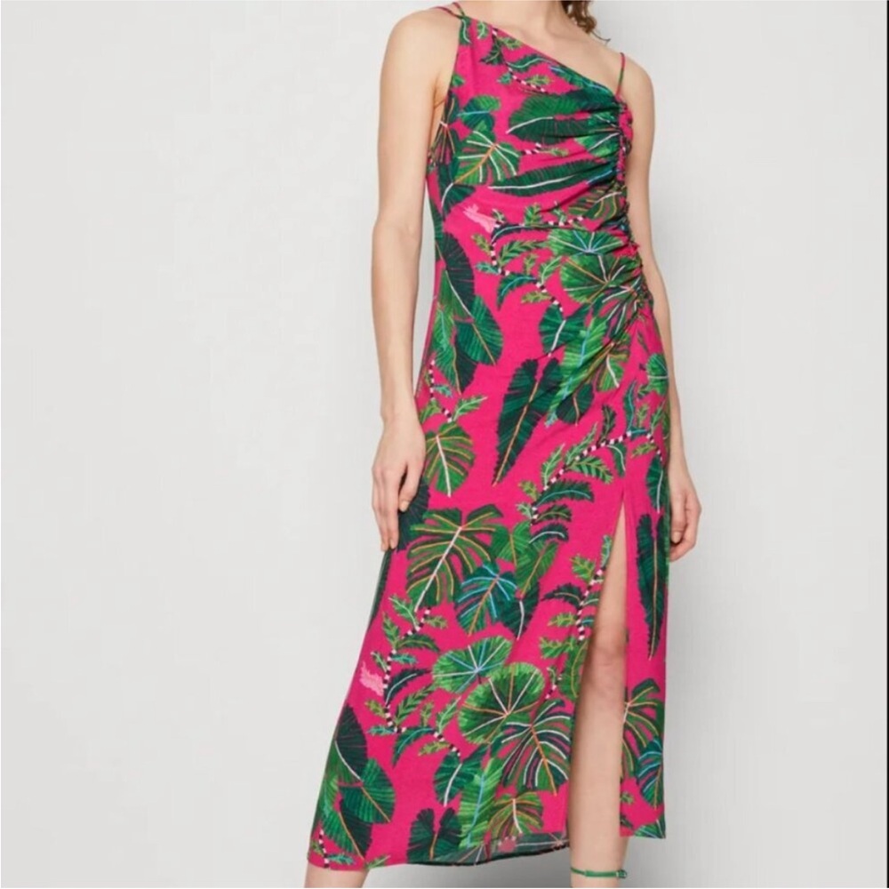 Farm Rio Asymmetrical Pink Leaves Midi Dress